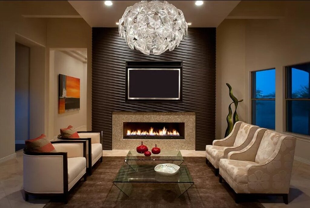 Accent wall in the living room with a fireplace 48 фото