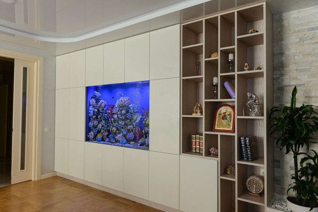 An aquarium built into a cabinet