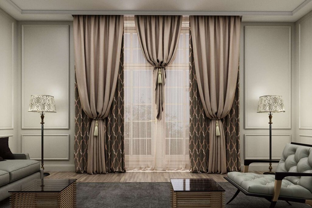 Velvet curtains in the modern living room interior