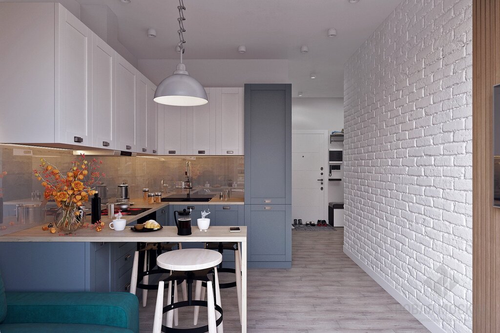 White brick wall in the kitchen