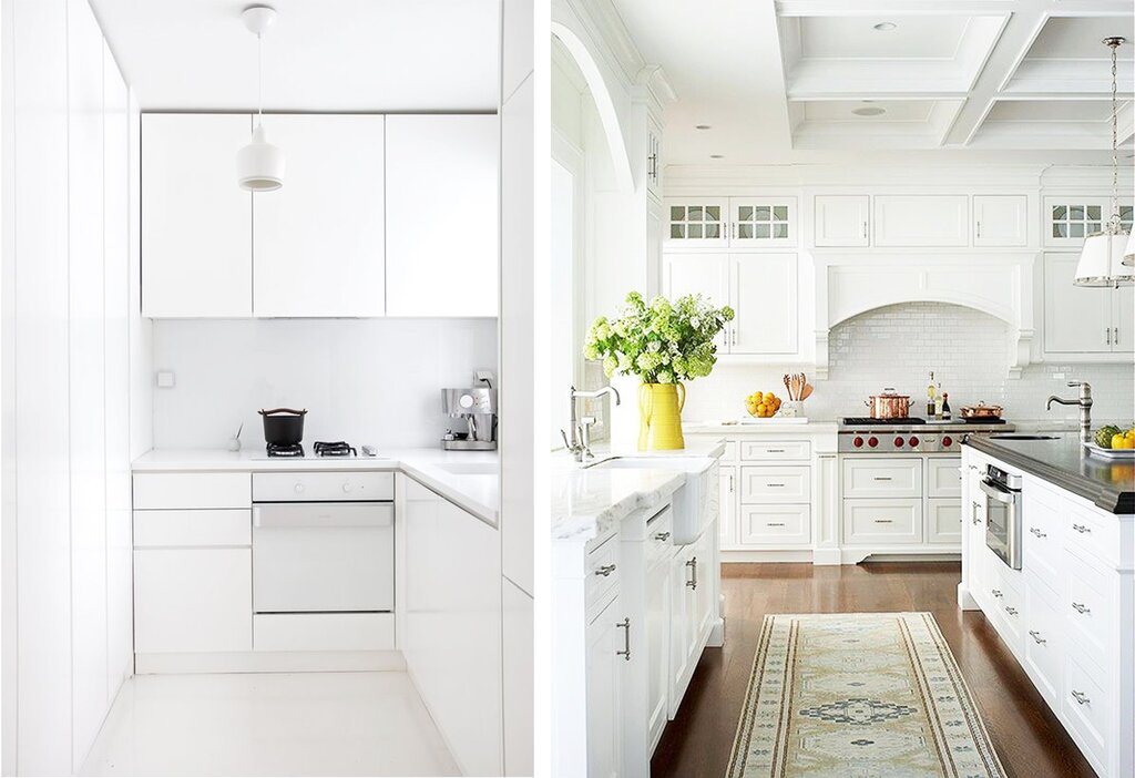 A white kitchen with a white backsplash