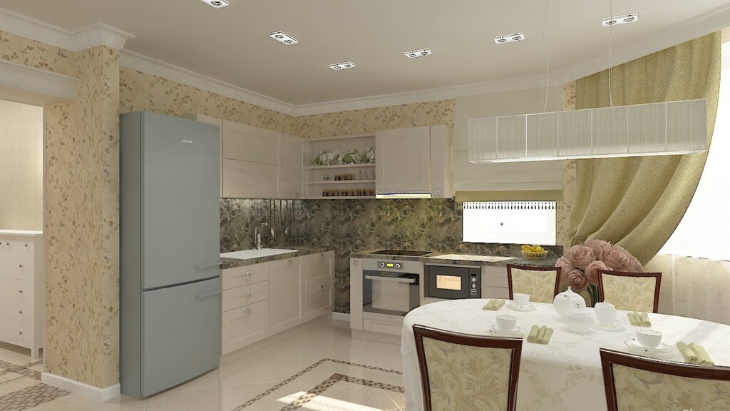 White kitchen with a beige refrigerator