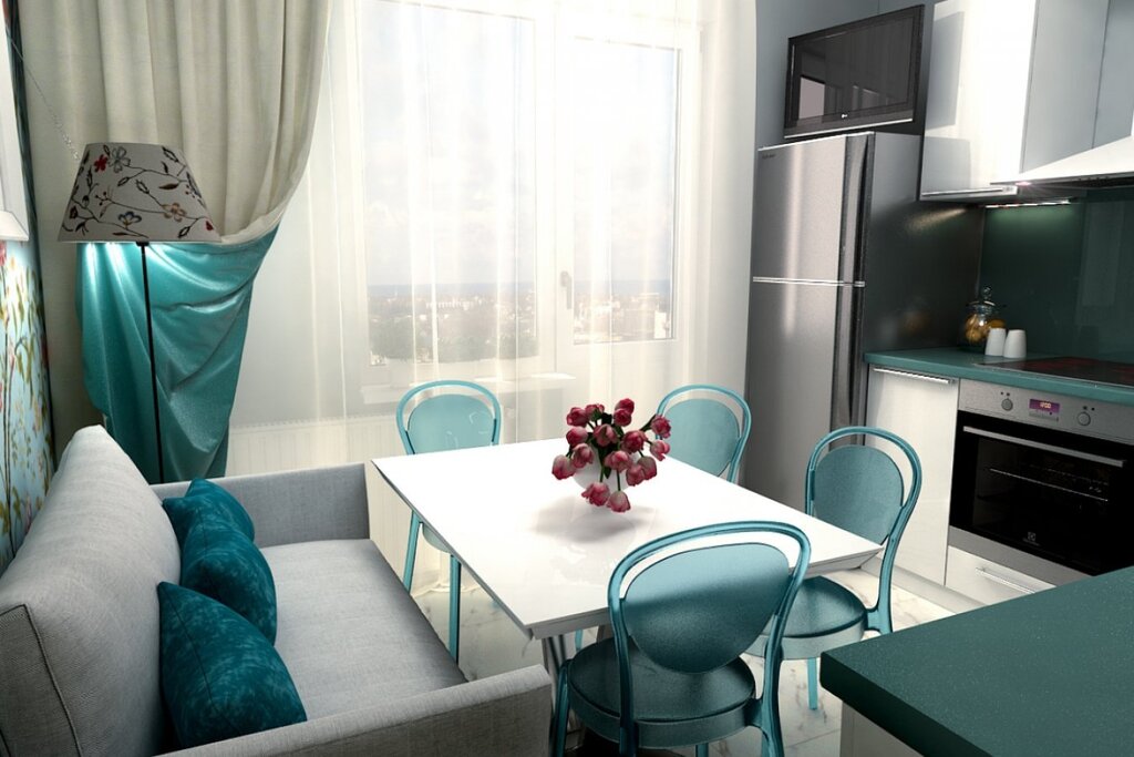 White kitchen with turquoise curtains