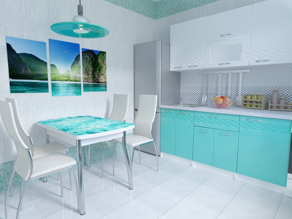 White kitchen with turquoise chairs