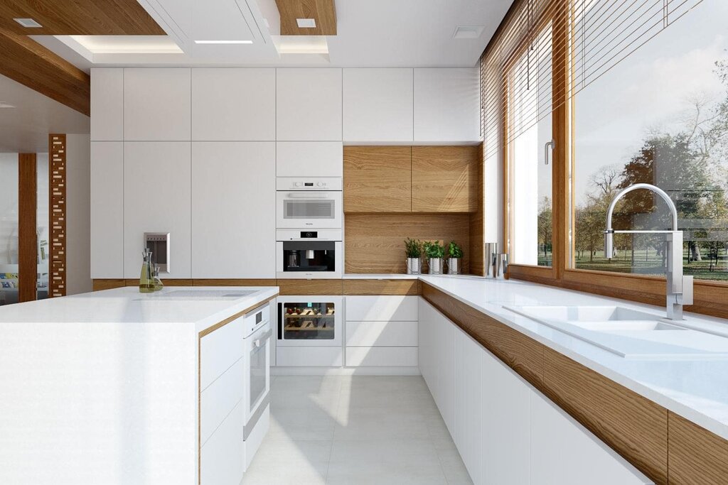 White kitchen with a wooden backsplash