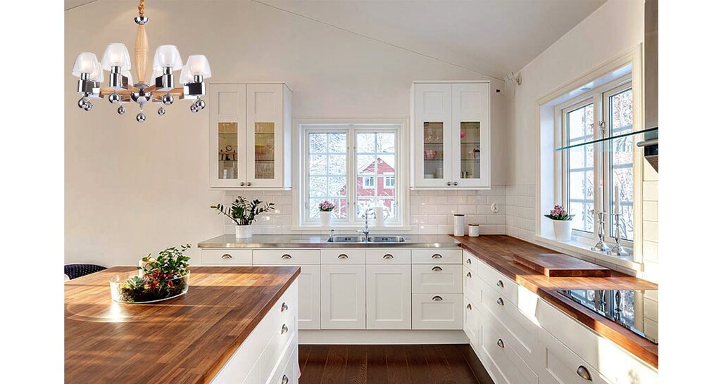 White kitchen with a wooden countertop