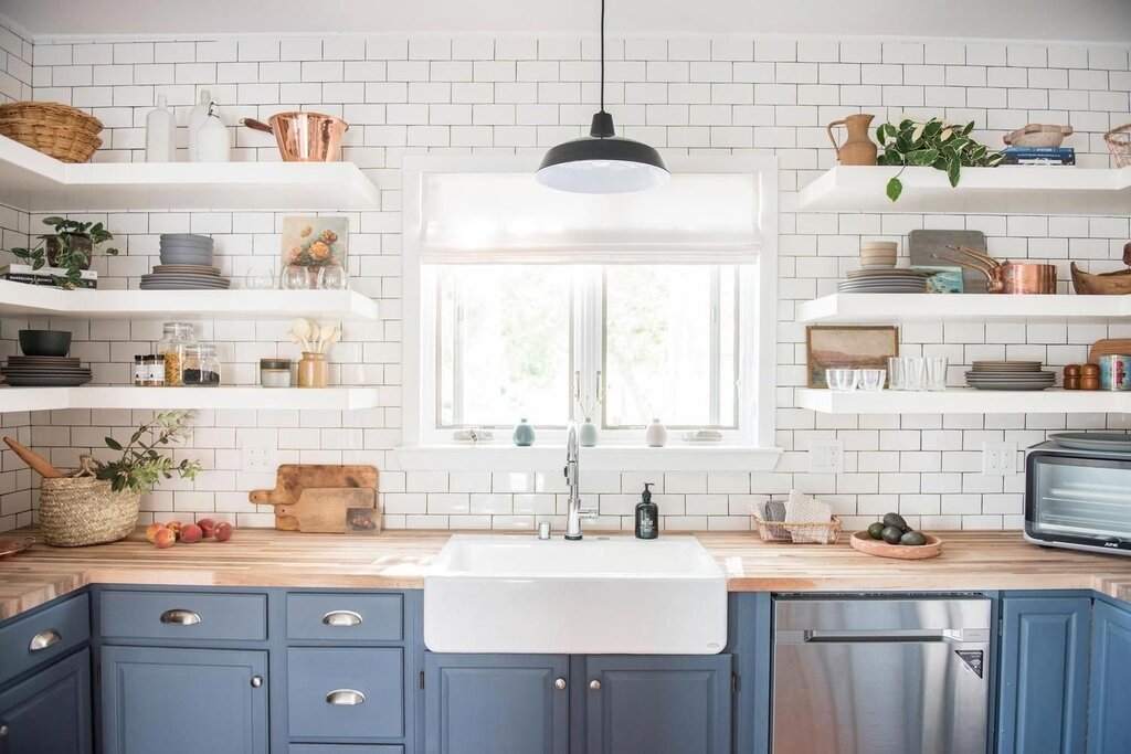 A white kitchen with open shelves