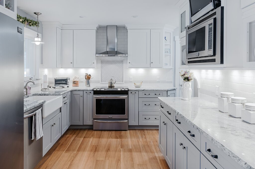 White kitchen with a light countertop