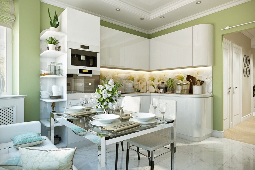 White kitchen, green walls