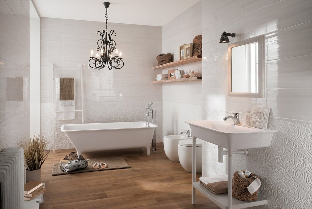 White tiles and wood in the bathroom