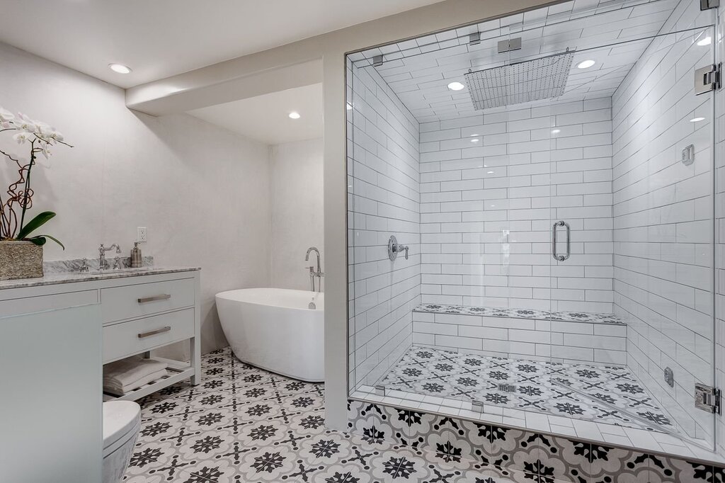 White tiles on the bathroom floor