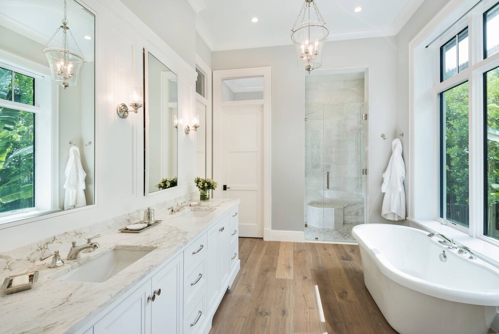 White bathroom with wooden elements