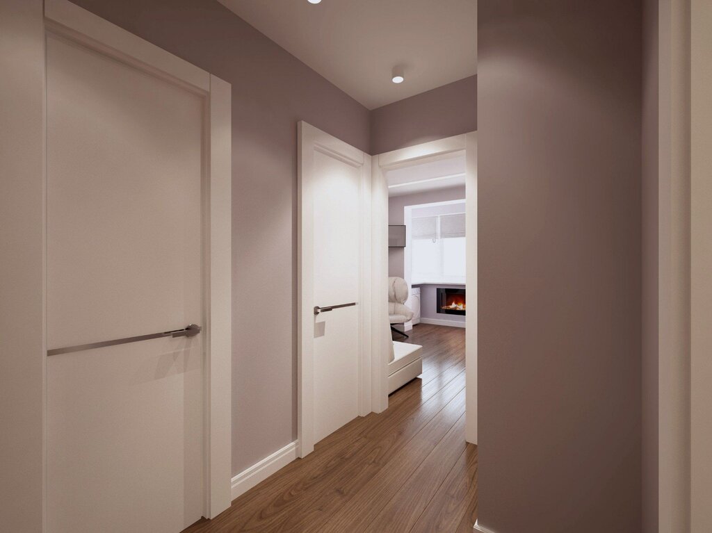 White doors, dark floor in the interior