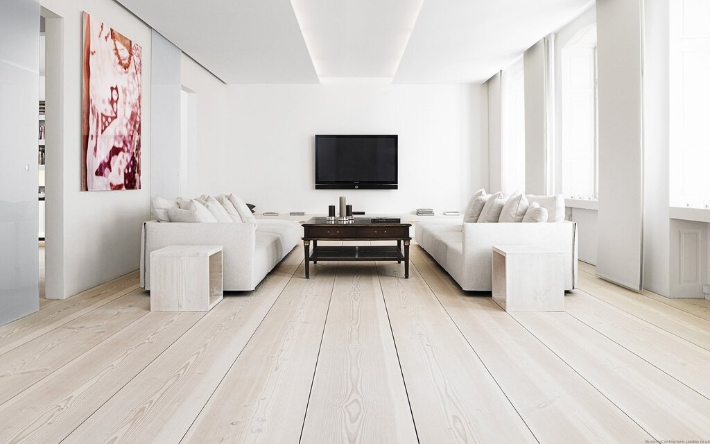 White walls wooden floor