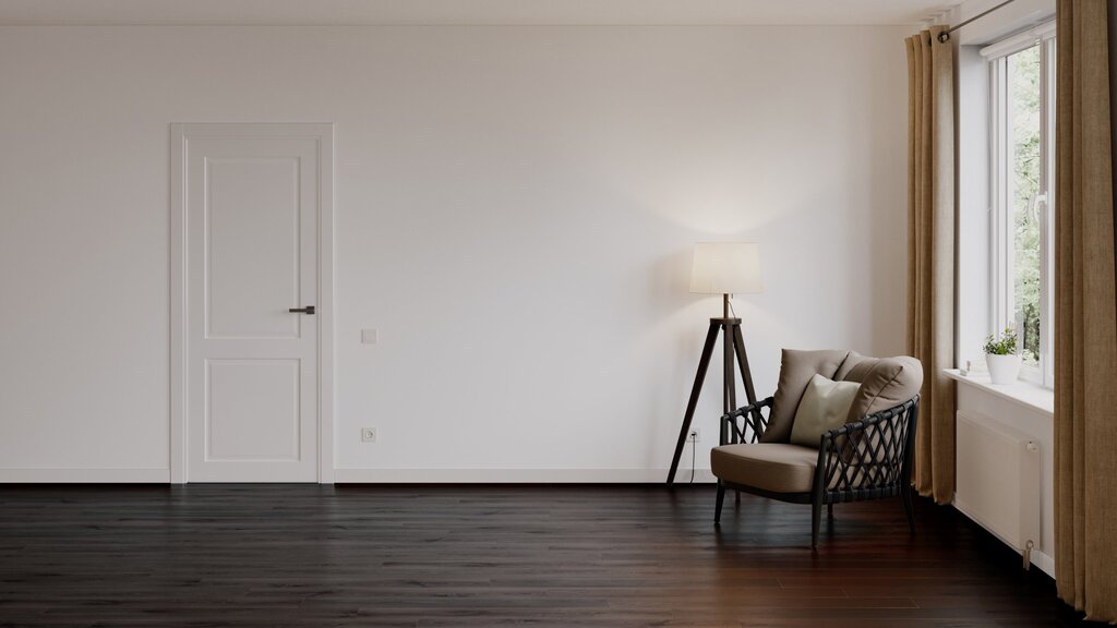 White baseboard, dark floor