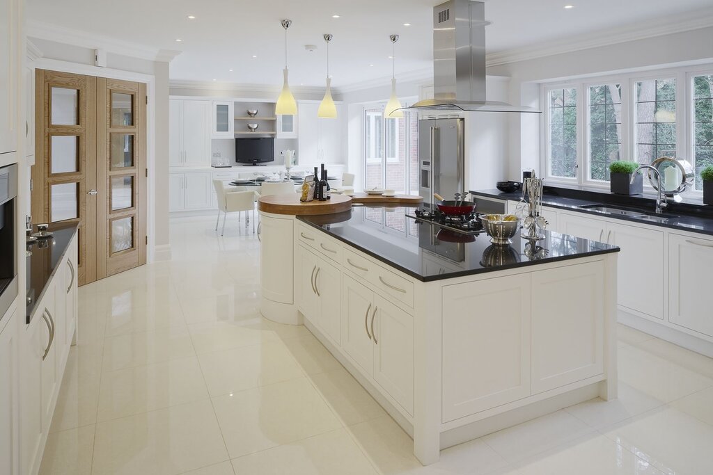 White floor in the kitchen