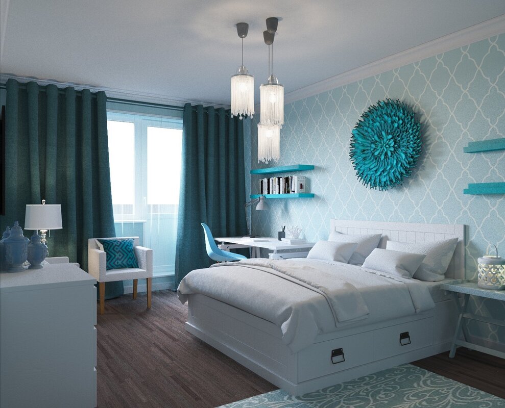 White and turquoise bedroom