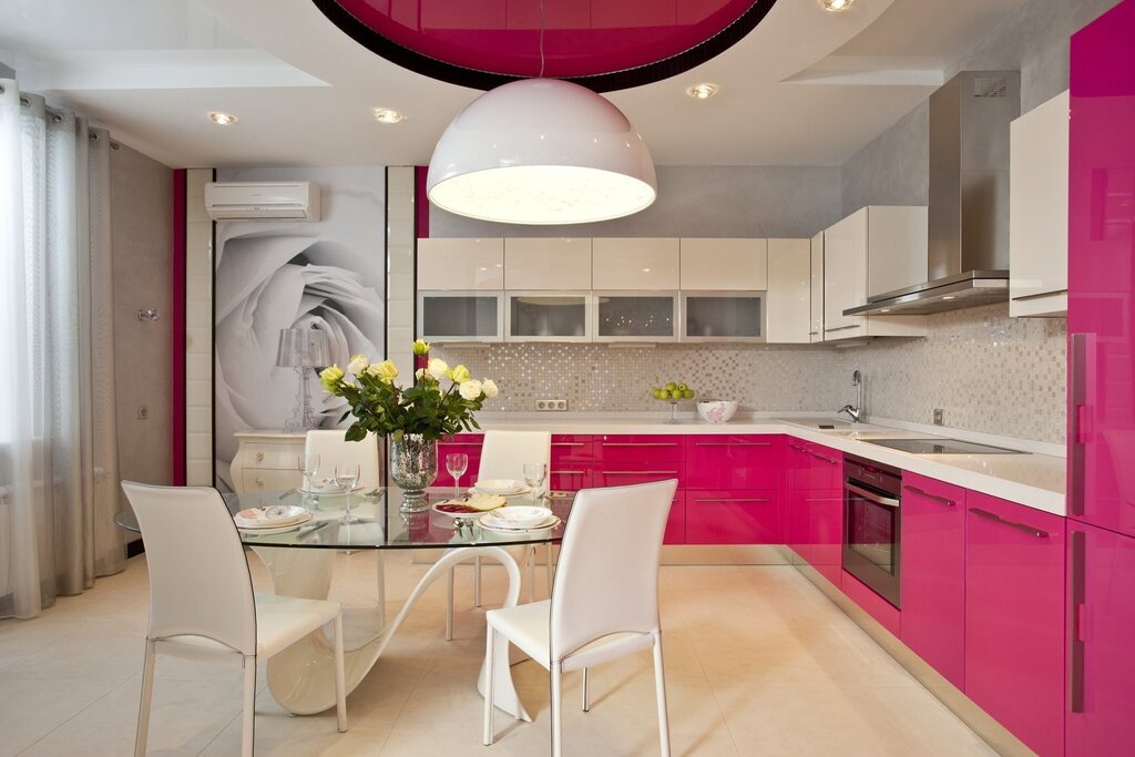 White and pink kitchen