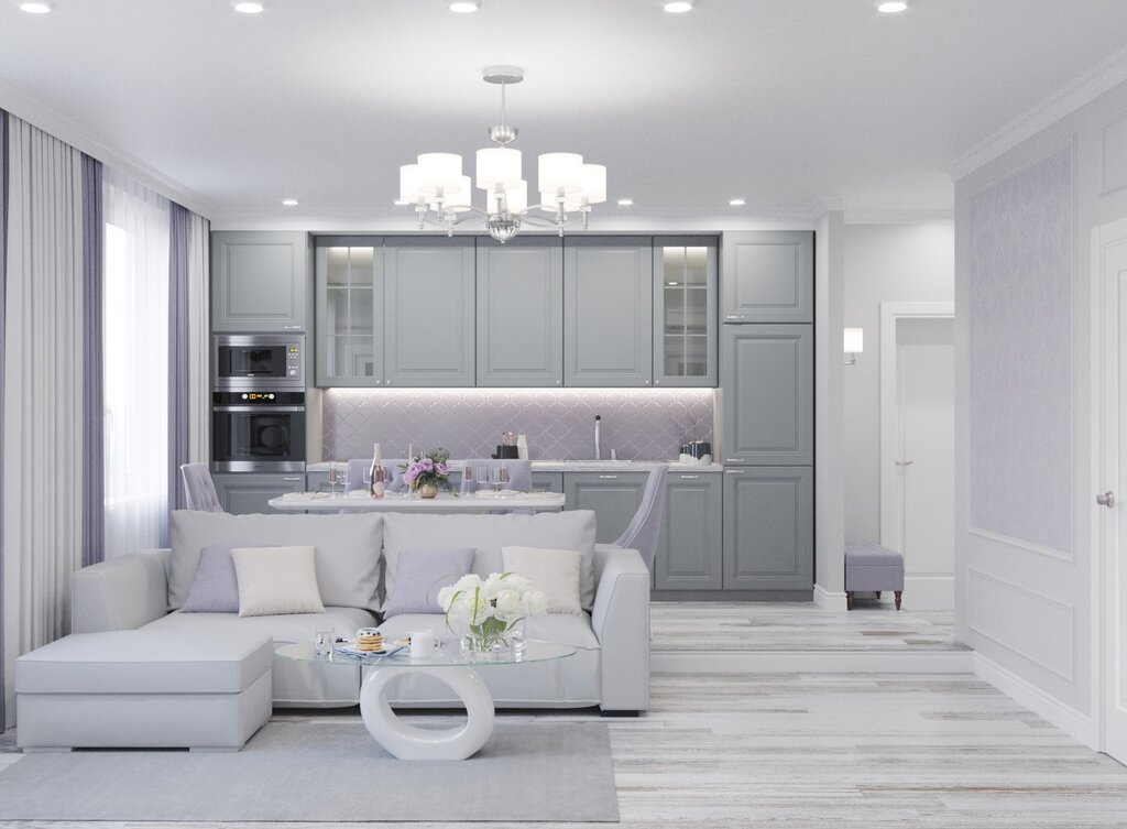 White and gray kitchen-living room