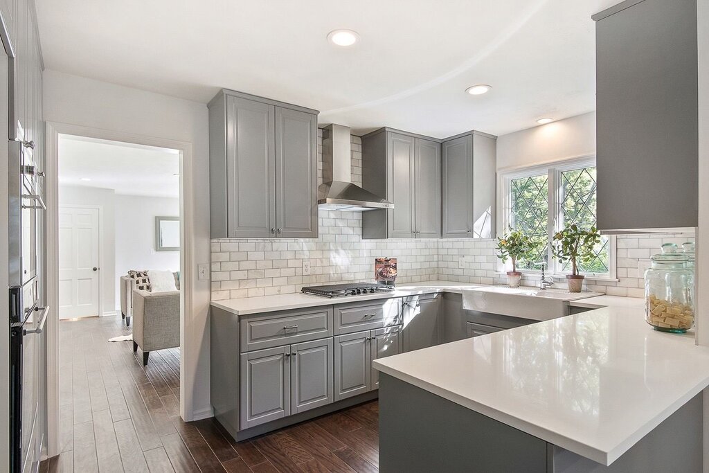 White and gray kitchen in the interior