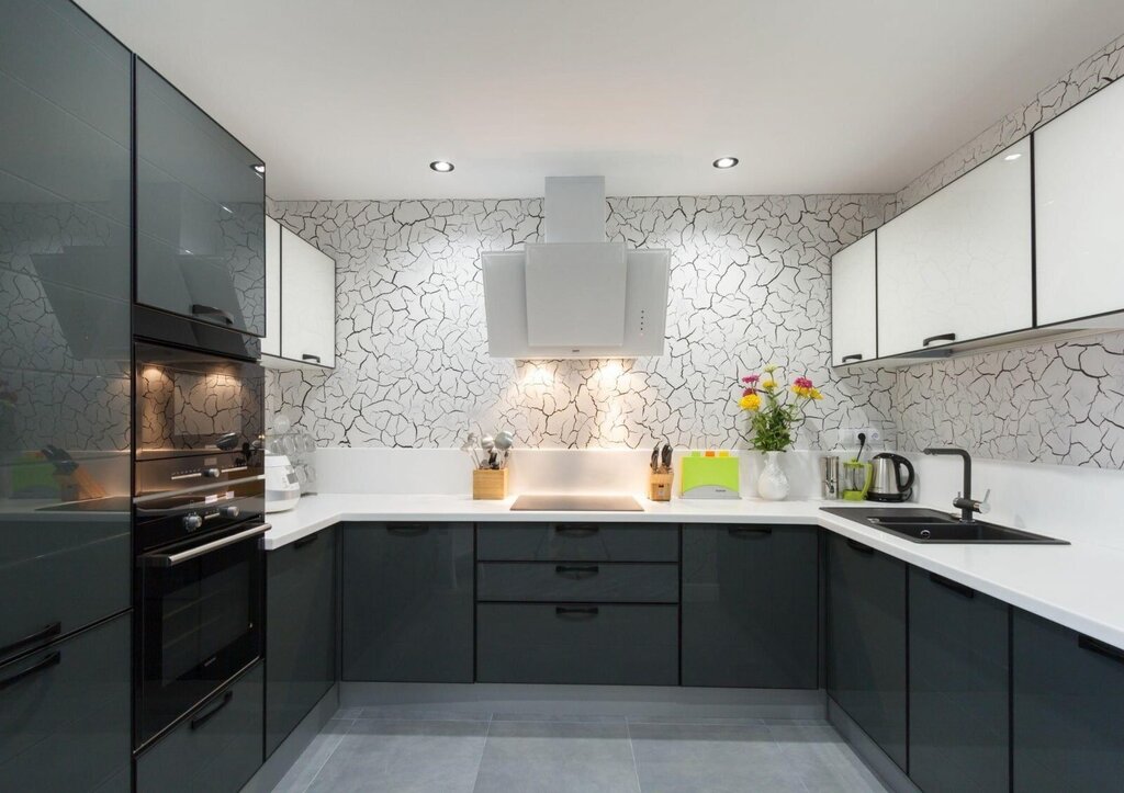 White and gray kitchen set in the interior