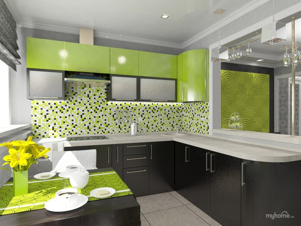 White and green kitchen in the interior