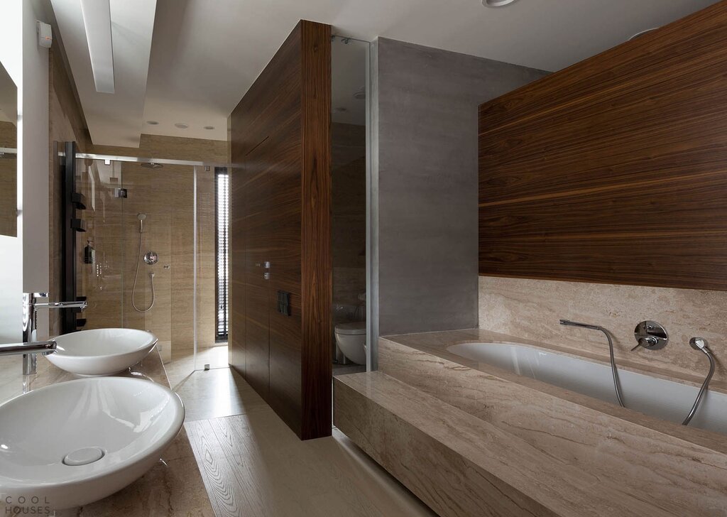 Concrete and wood in the bathroom interior