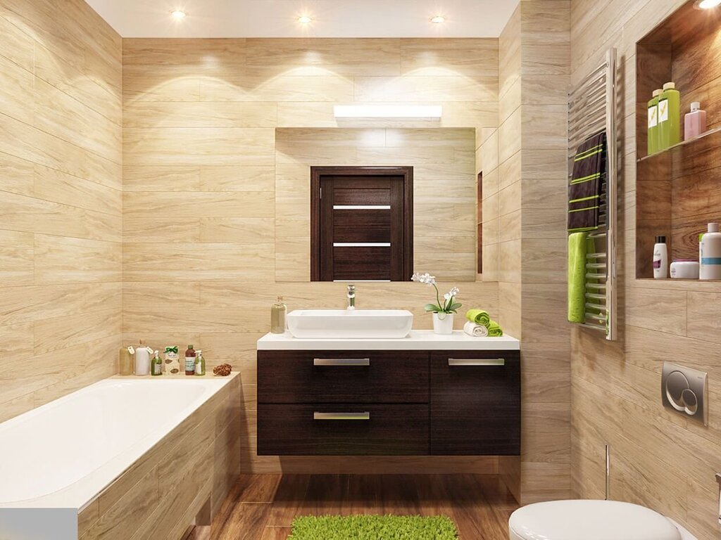 Beige bathroom with wood