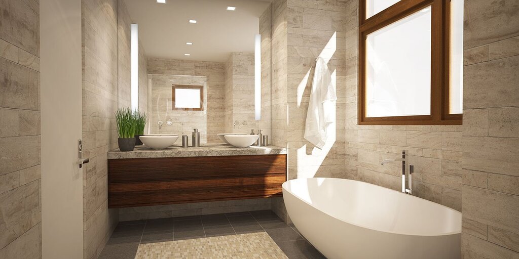 Beige bathroom with wood