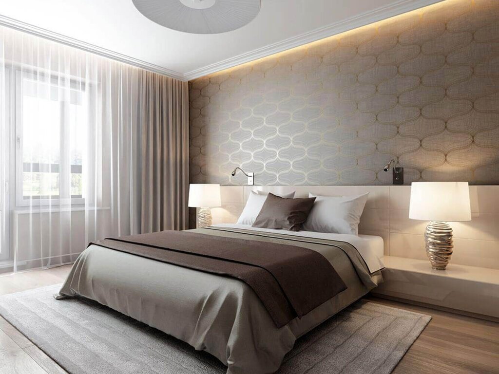 Beige wallpaper in the bedroom