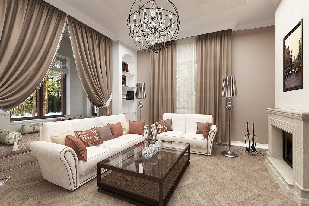 Beige walls in the living room interior