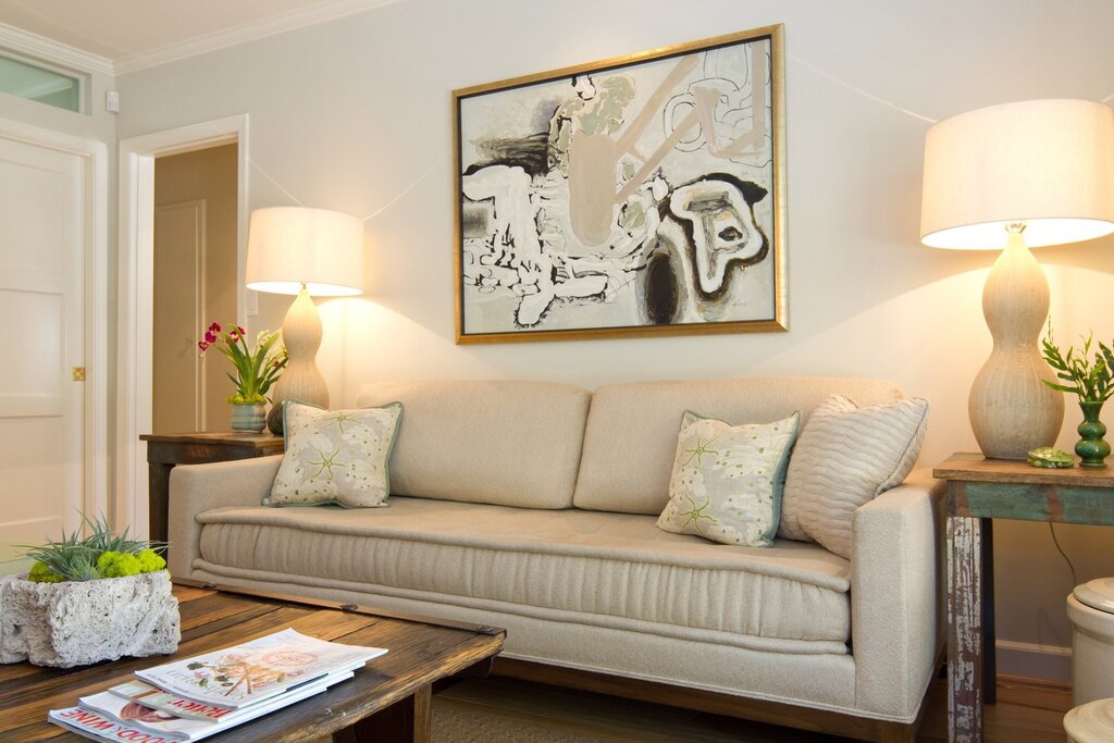 Beige sofa in the living room interior