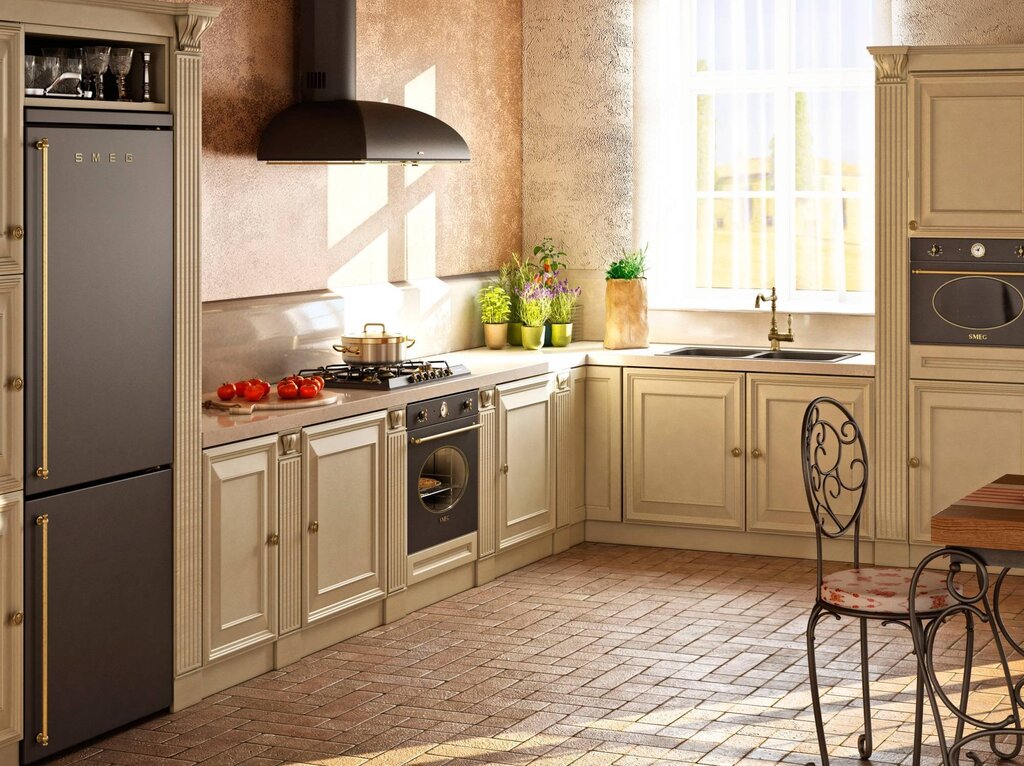 Beige refrigerator in the kitchen interior