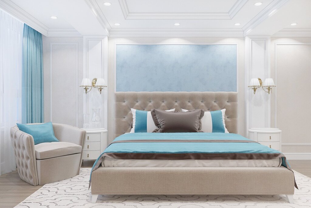 Beige and turquoise bedroom