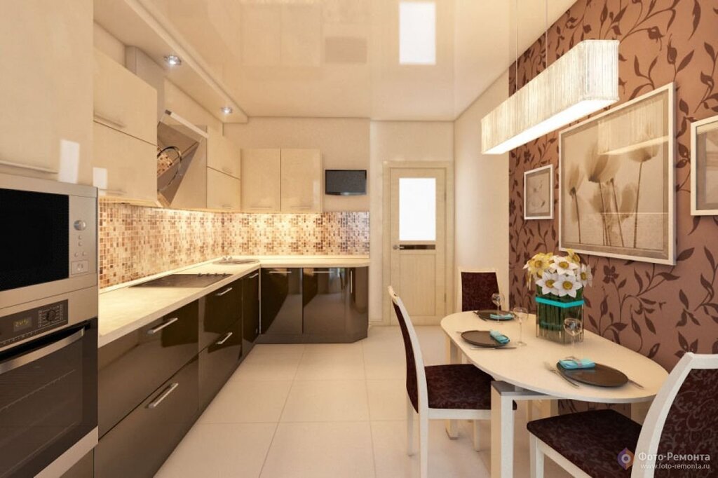 Beige and brown kitchen in the interior