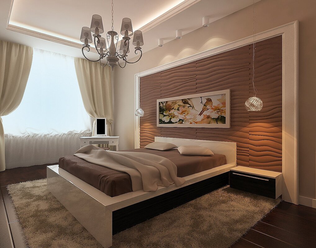 Beige and brown bedroom interior