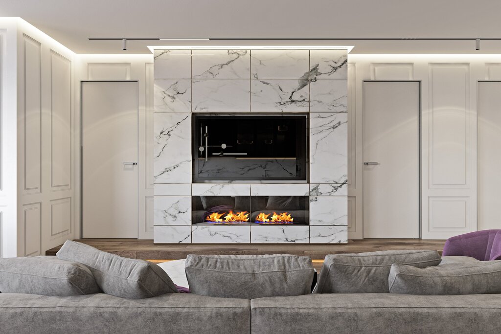 A bio fireplace under the television in the living room