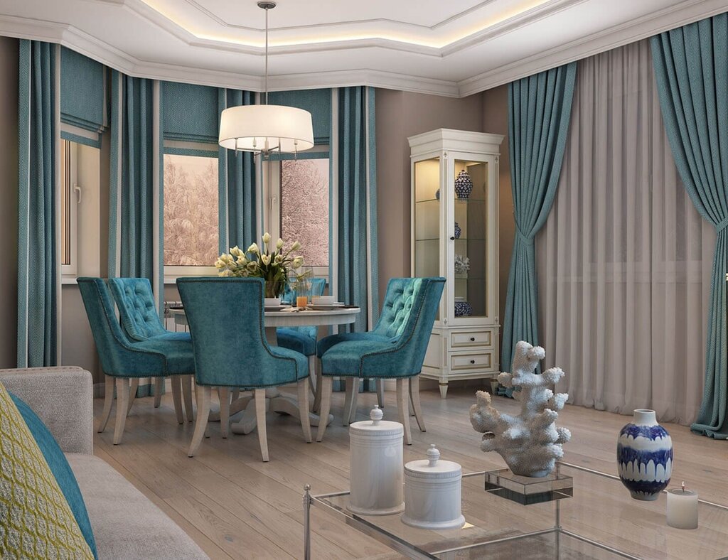 Turquoise curtains in the living room interior