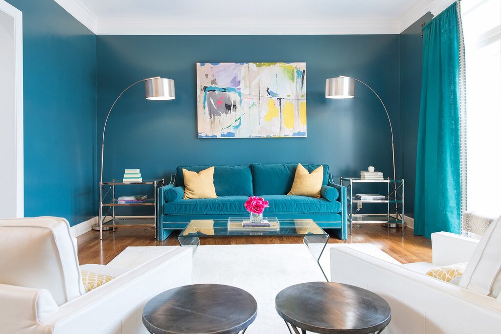 Turquoise sofa in the living room