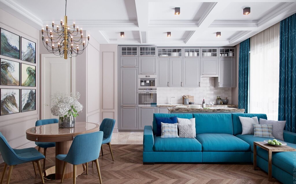 A turquoise sofa in the kitchen interior