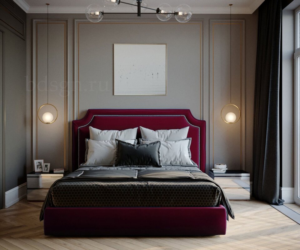 A burgundy bed in the interior