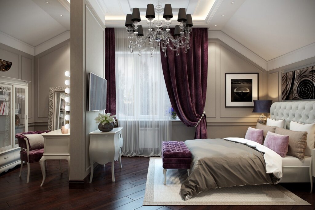 Burgundy curtains in the bedroom