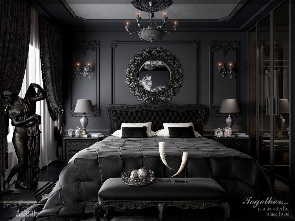 Black bed in the interior 34 фото