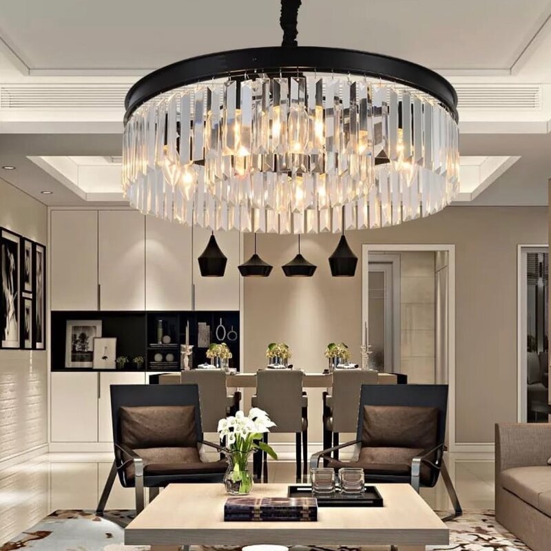 Black chandelier in the kitchen interior