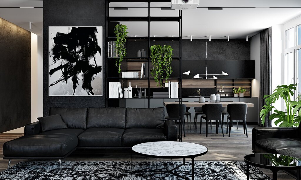 Black furniture in the living room interior