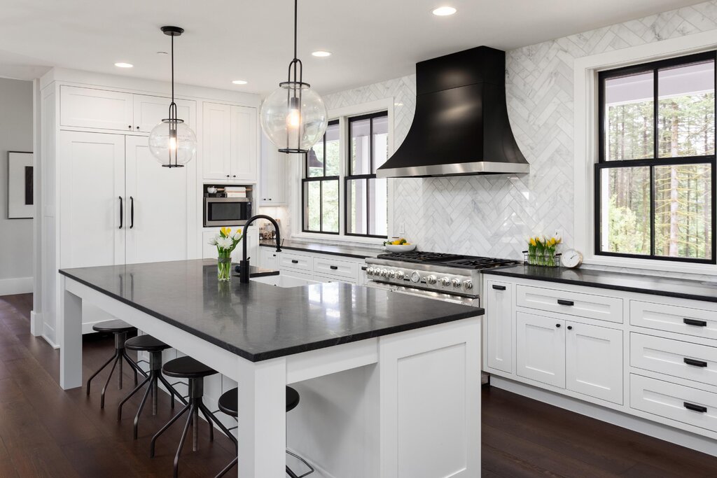 Black countertop in the kitchen interior