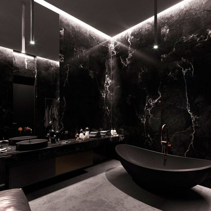 Black bathtub in the interior