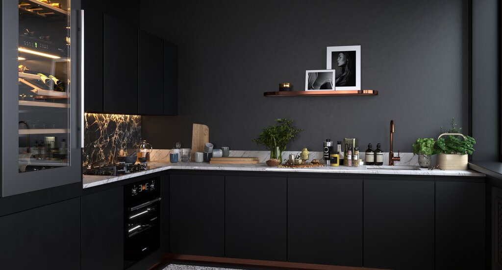 Black wallpaper in the kitchen interior