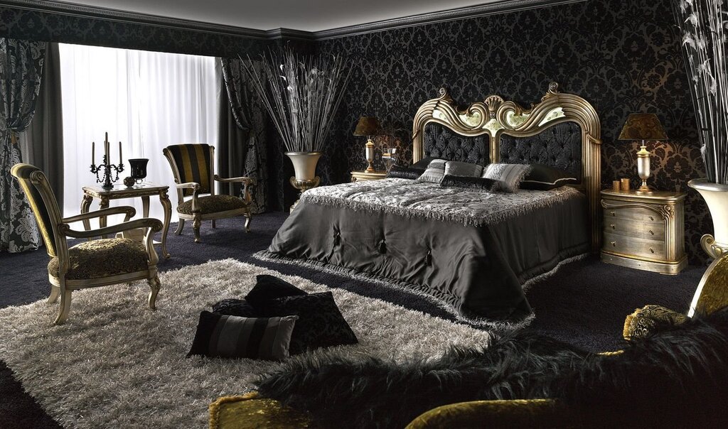 Black wallpaper with gold in the interior 51 фото