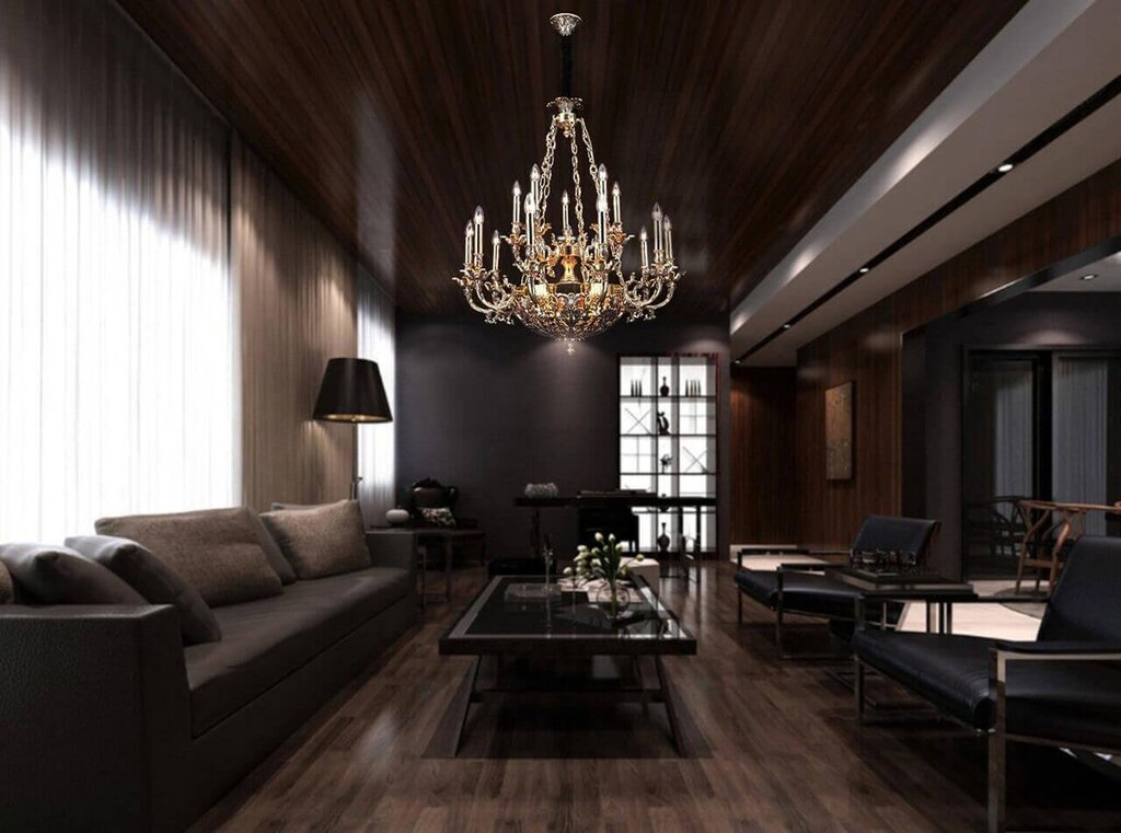 A black ceiling in the living room interior